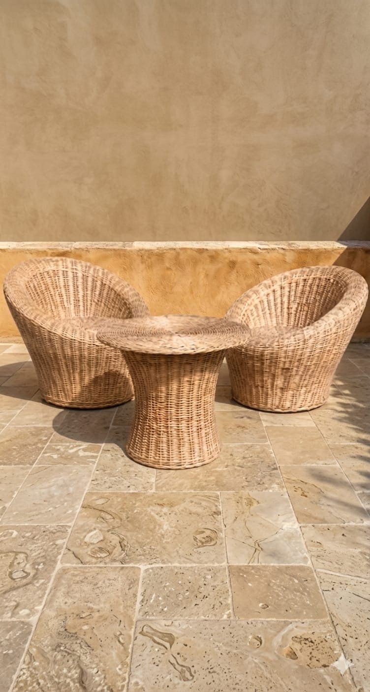 Salon tressé artisanal composé de fauteuils et d’une table basse